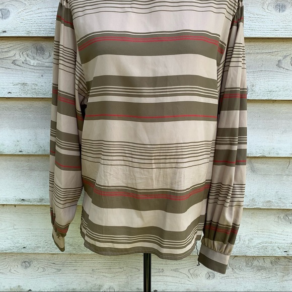 Vintage 80s Tan Striped Boat Neck Collarless Long Sleeve Popover Semi Sheer Top - Picture 8 of 16